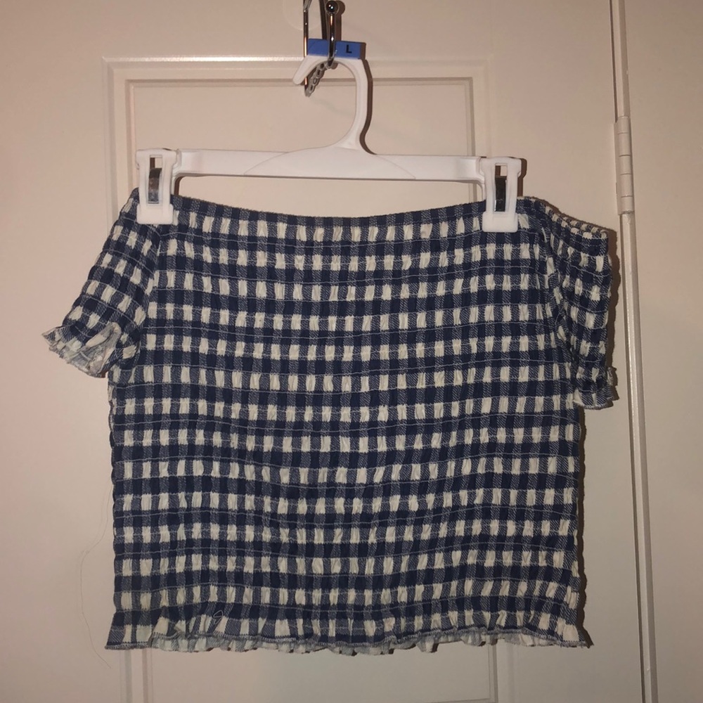 large blue/white off the shoulder top